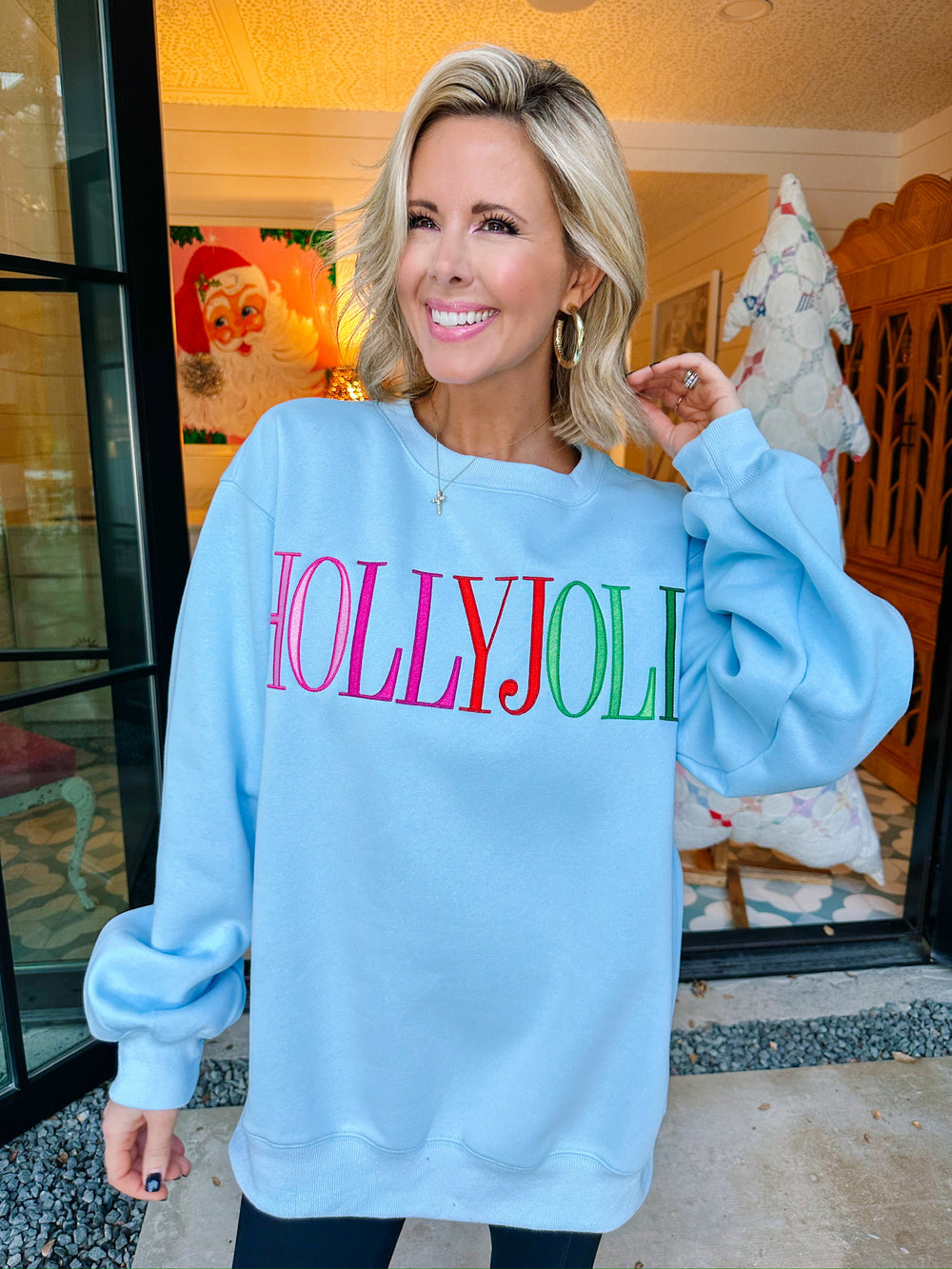 HOLLY JOLLY EMBROIDERED SWEATSHIRT - BLUE
