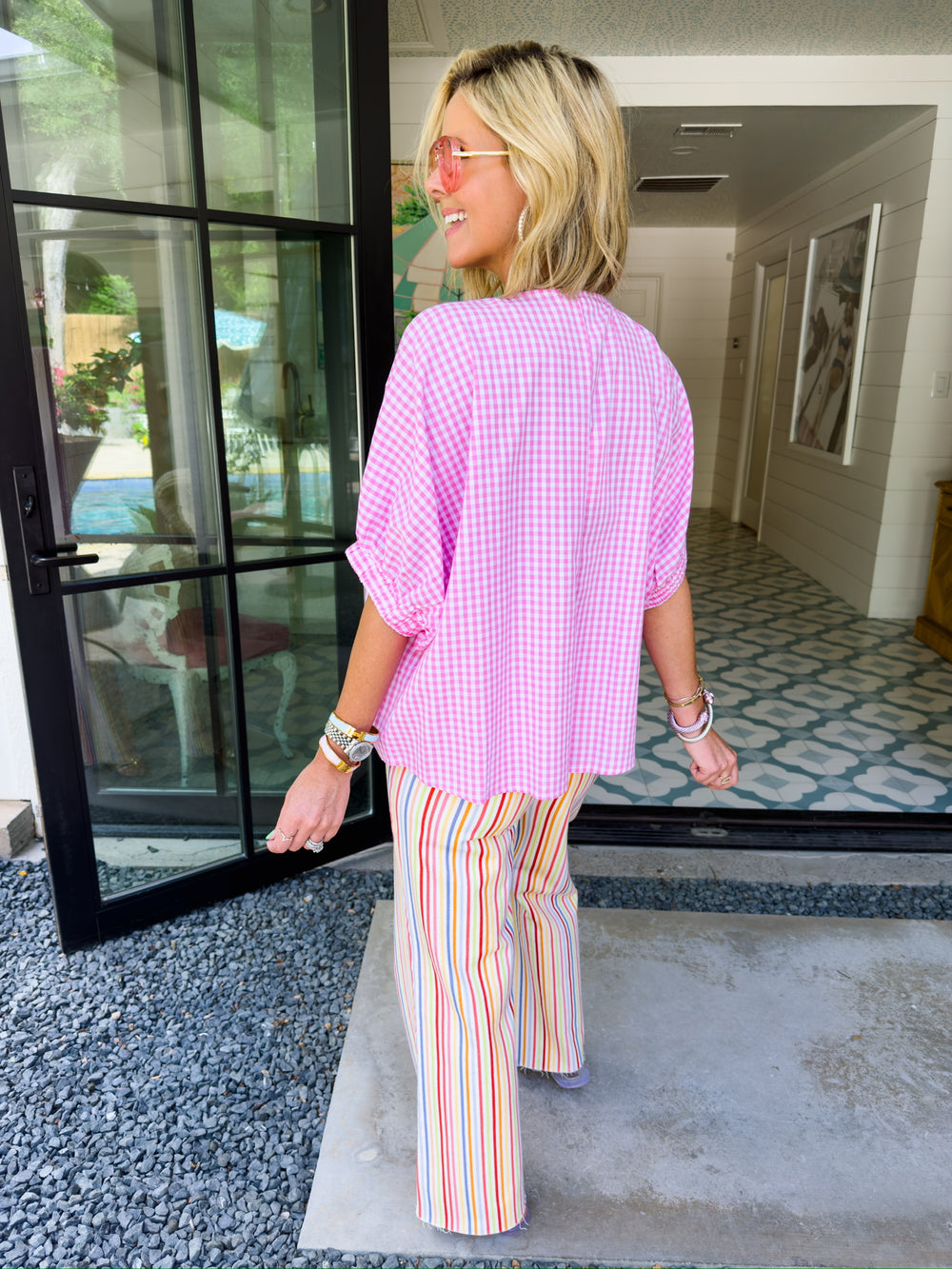 WALK IN THE PARK GINGHAM BRAIDED VNECK TOP - PINK