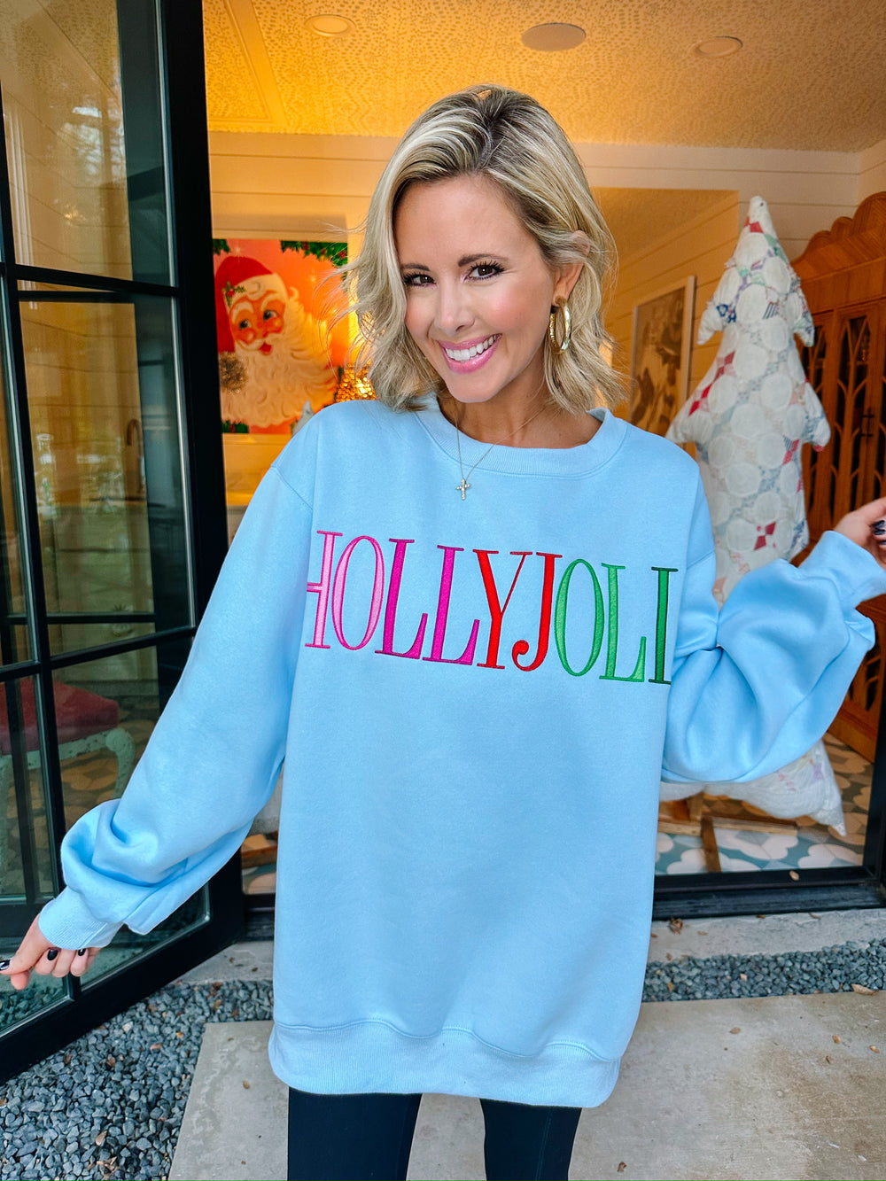 HOLLY JOLLY EMBROIDERED SWEATSHIRT - BLUE