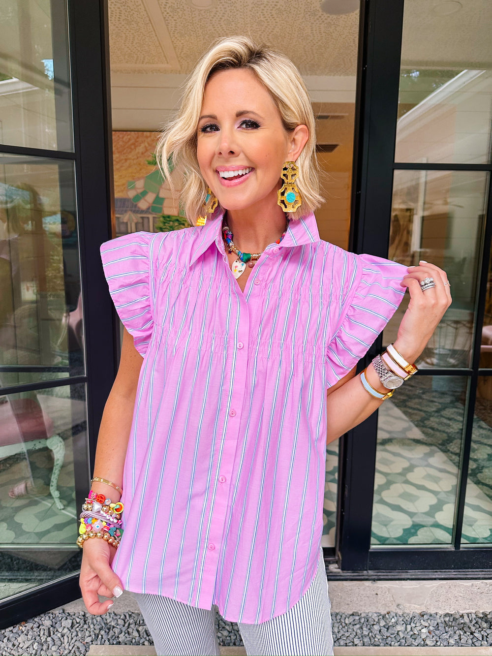 EASY DOES IT STRIPE BUTTON UP TOP - PINK/BLUE