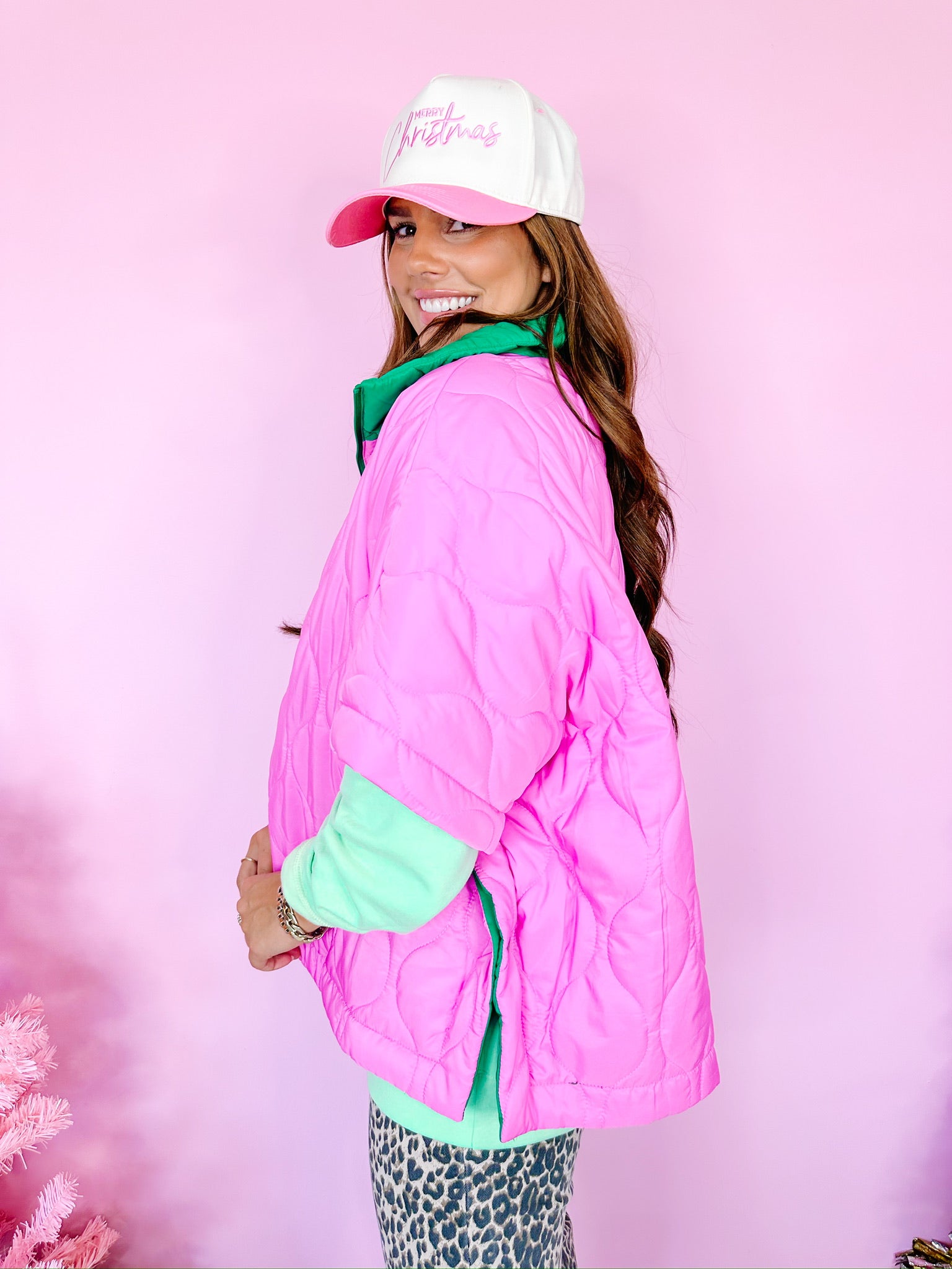 GUST OF WIND QUILTED HALF ZIP PONCHO - PINK/GREEN