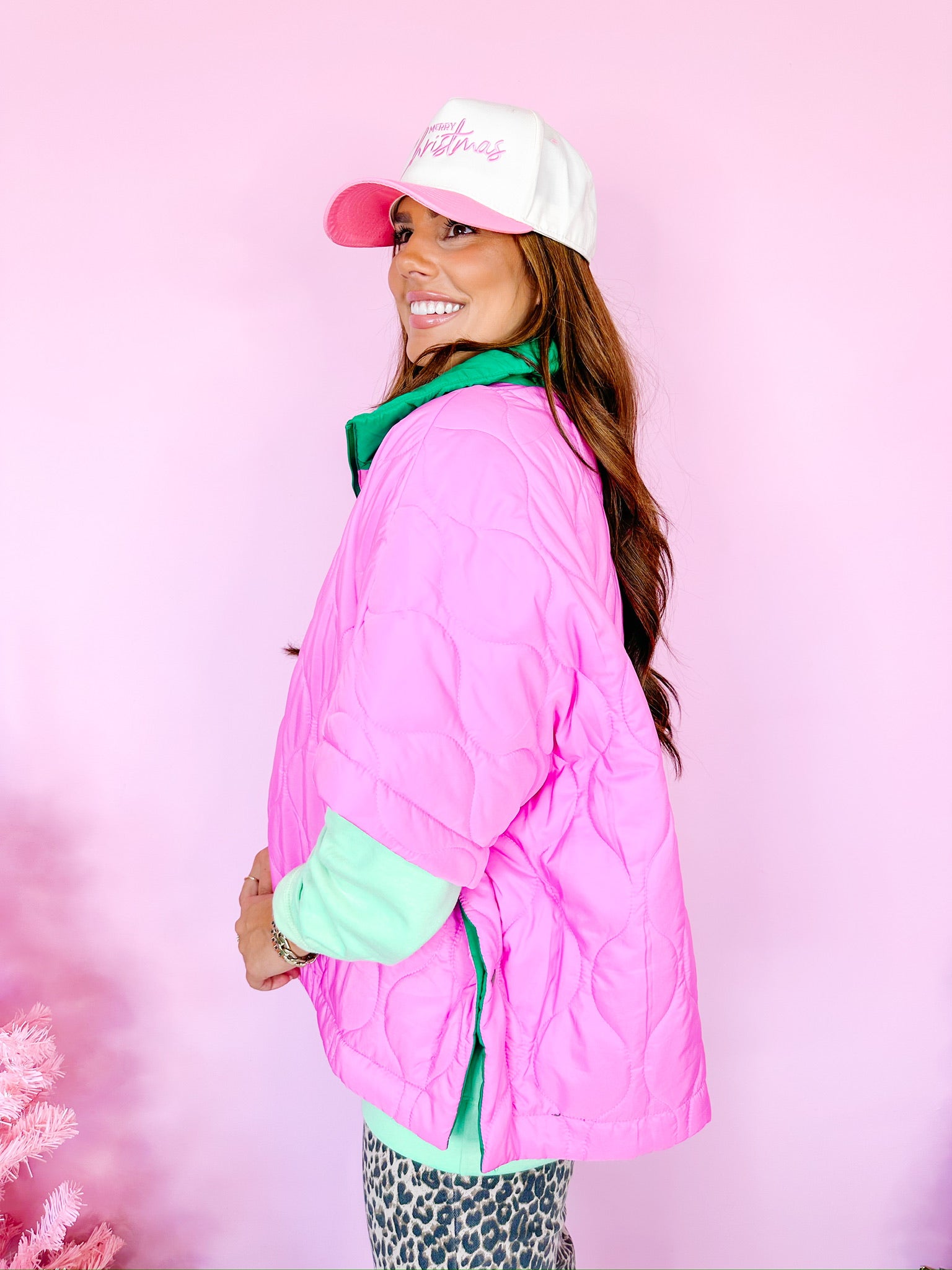 GUST OF WIND QUILTED HALF ZIP PONCHO - PINK/GREEN