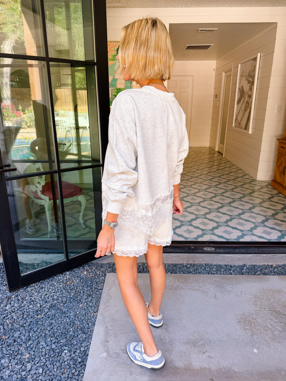 ELEVATED MOMENT LACE TRIM SWEATSHIRT SHORT SET - GREY