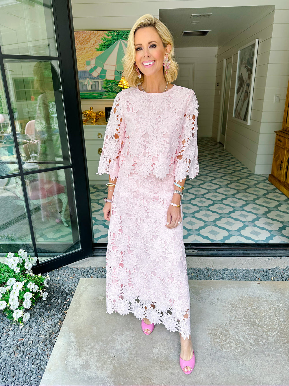 LIFE IN FULL BLOOM LACE MIDI SKIRT SET - PINK
