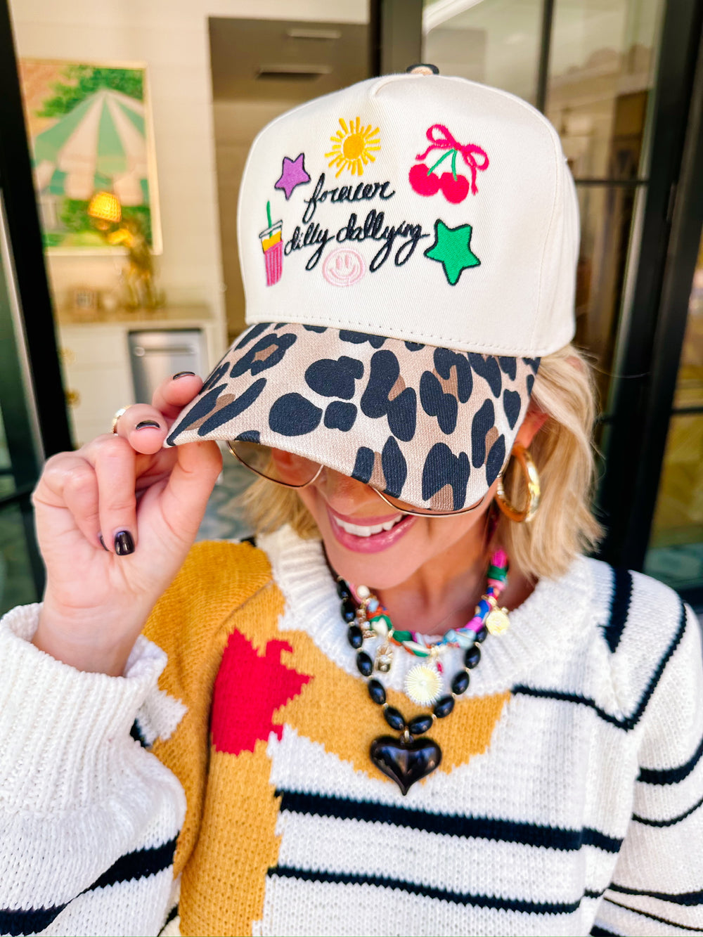 FOREVER DILLY DALLY LEOPARD CANVAS TRUCKER HAT