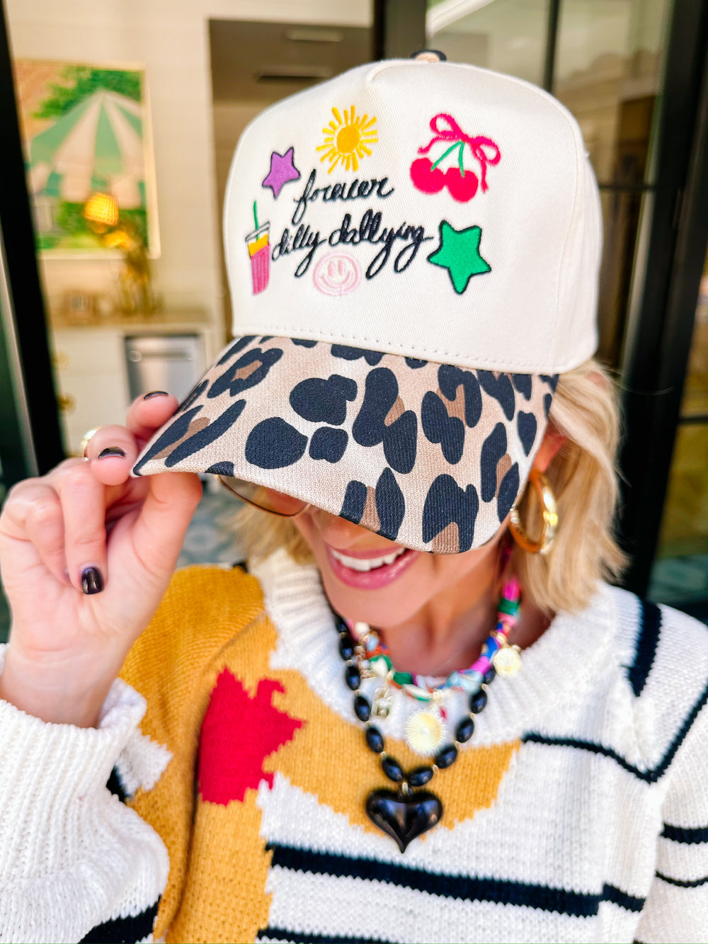 FOREVER DILLY DALLY LEOPARD CANVAS TRUCKER HAT