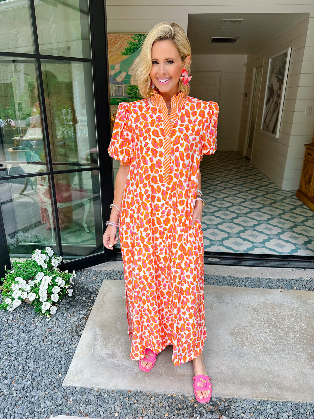 SPOT ME IF YOU CAN LEOPARD STRIPE TRIM MIDI DRESS - ORANGE