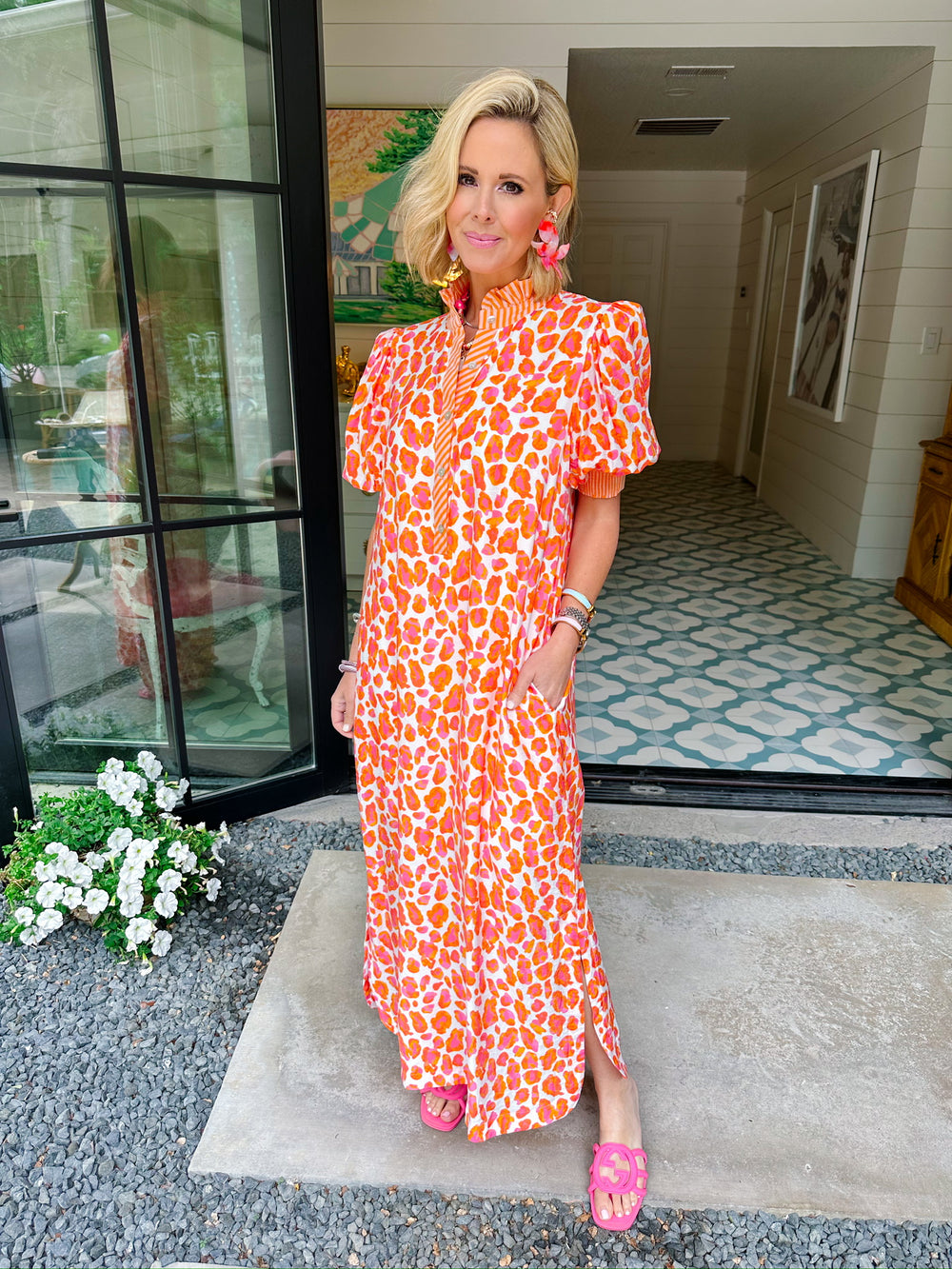 SPOT ME IF YOU CAN LEOPARD STRIPE TRIM MIDI DRESS - ORANGE