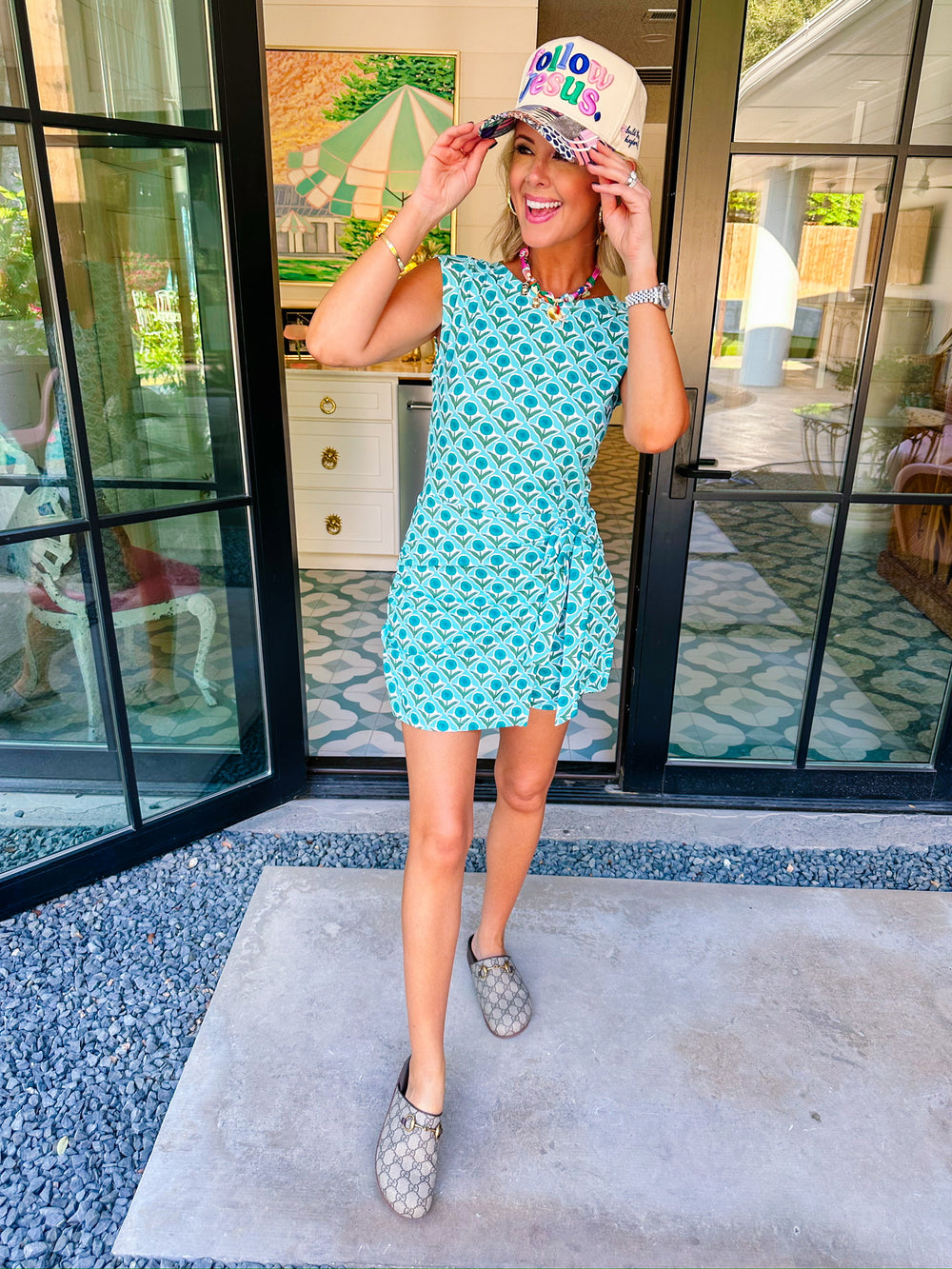 RUN AROUND THE FLORAL BLOCK PRINT ATHLETIC ROMPER - AQUA