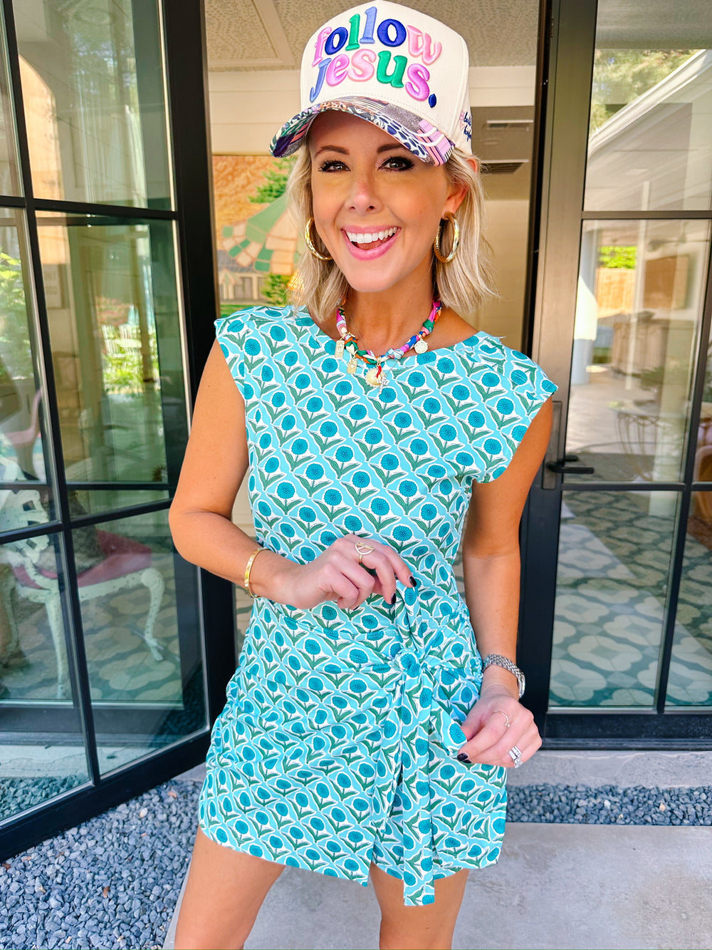 RUN AROUND THE FLORAL BLOCK PRINT ATHLETIC ROMPER - AQUA