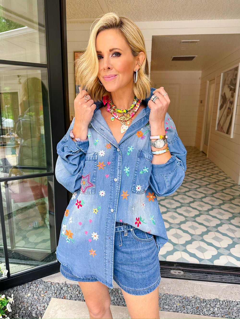 WANDER IN WILDFLOWERS EMBROIDERED BUTTON UP DENIM TOP