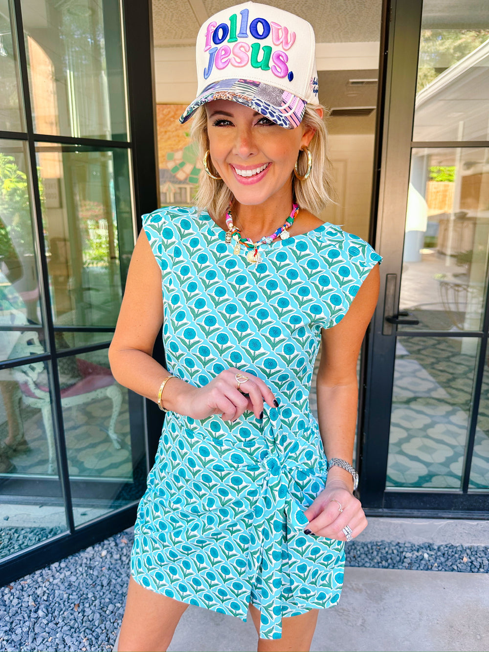 RUN AROUND THE FLORAL BLOCK PRINT ATHLETIC ROMPER - AQUA