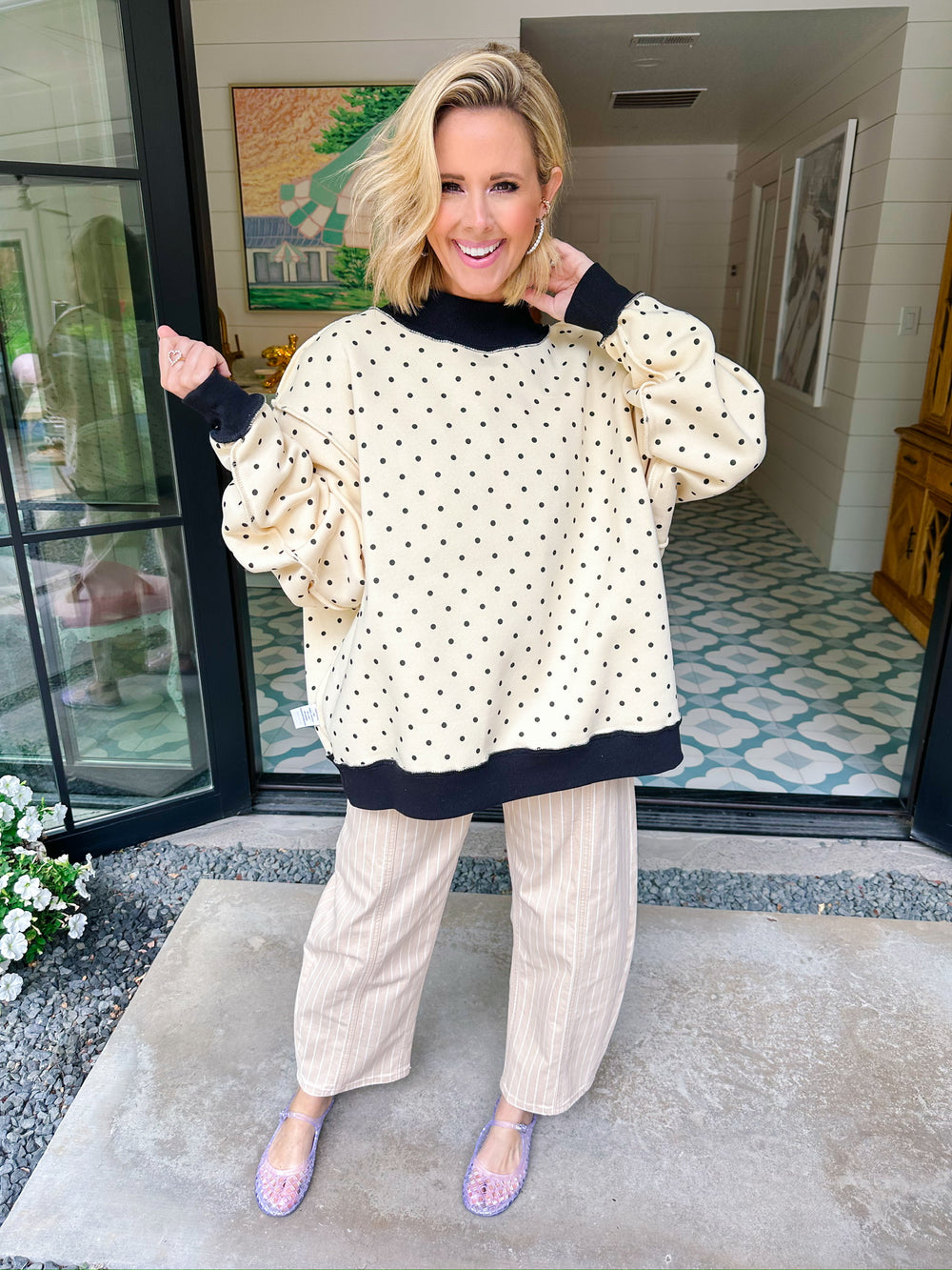 HOMEBODY POLKA DOT REVERSIBLE MOCK SWEATSHIRT - IVORY/BLACK