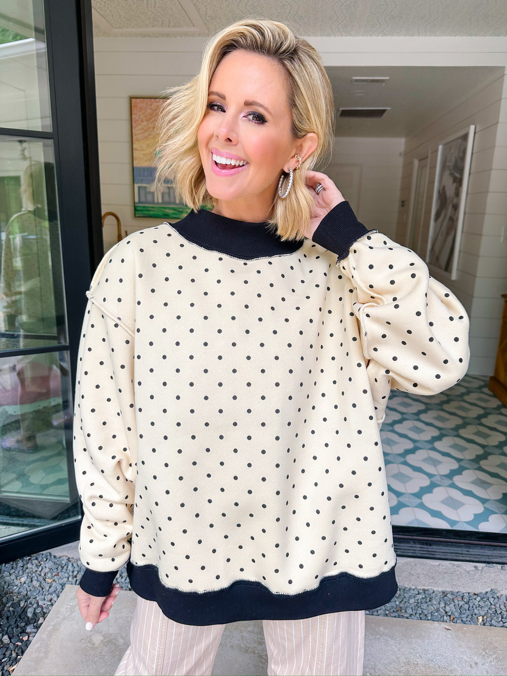 HOMEBODY POLKA DOT REVERSIBLE MOCK SWEATSHIRT - IVORY/BLACK