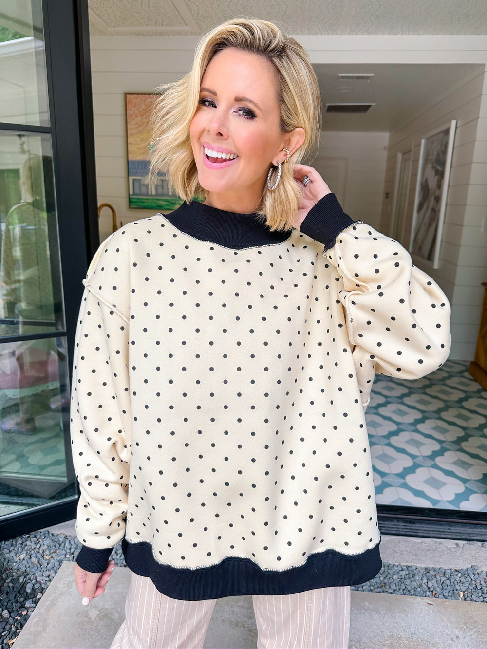 HOMEBODY POLKA DOT REVERSIBLE MOCK SWEATSHIRT - IVORY/BLACK