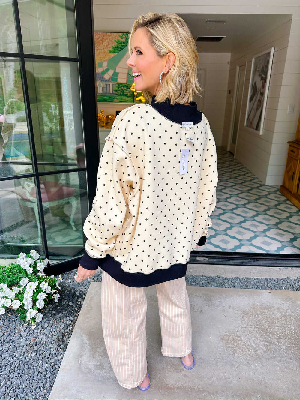 HOMEBODY POLKA DOT REVERSIBLE MOCK SWEATSHIRT - IVORY/BLACK