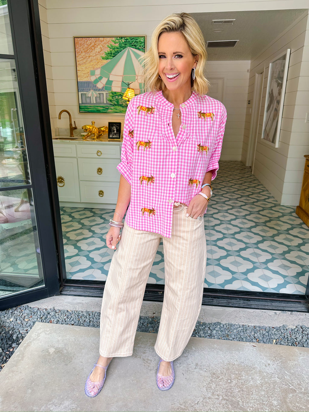 DARLING DONKEY GINGHAM TOP - PINK