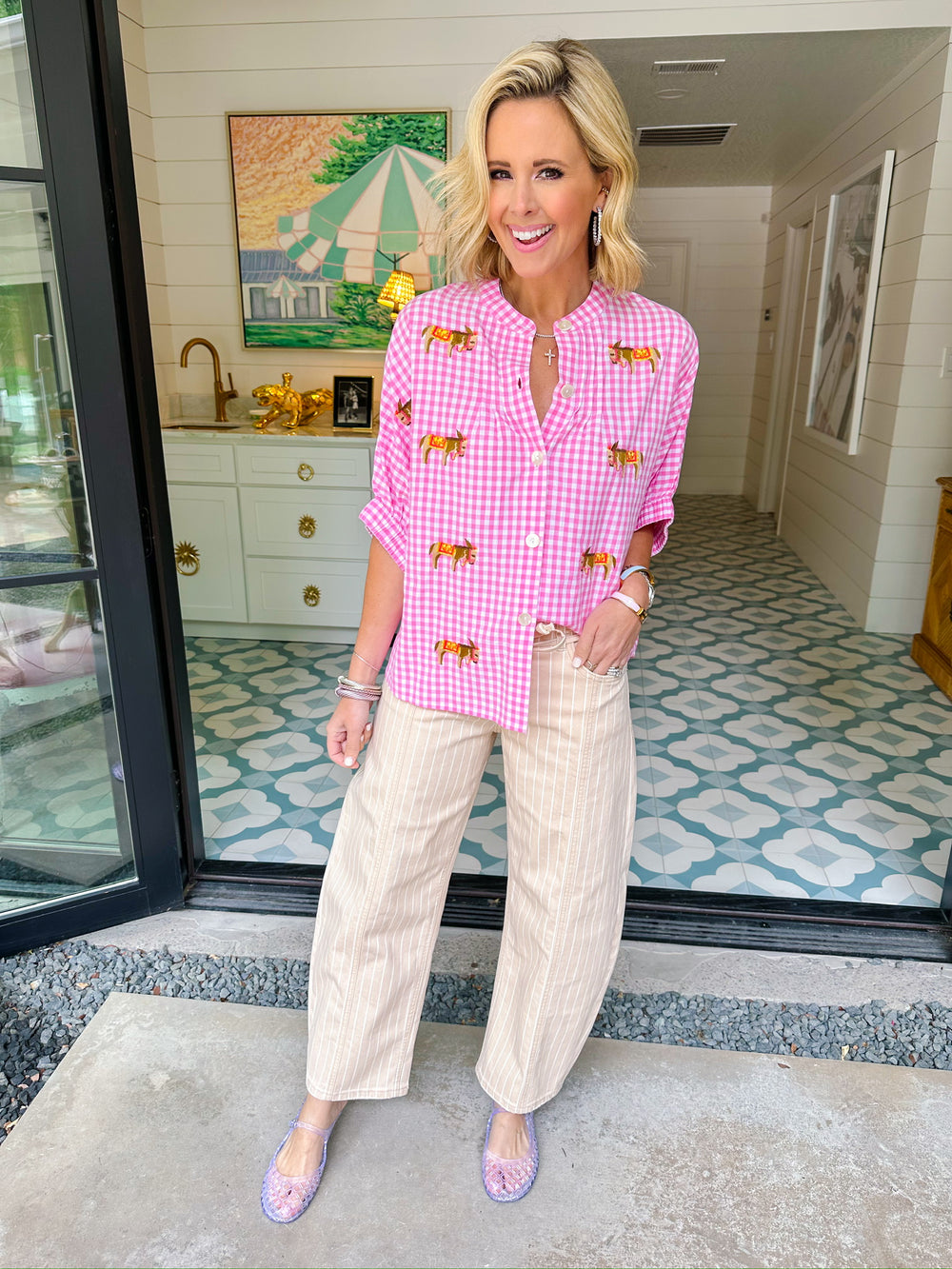 DARLING DONKEY GINGHAM TOP - PINK