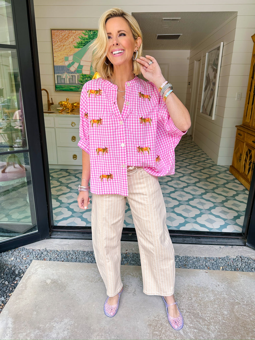 DARLING DONKEY GINGHAM TOP - PINK