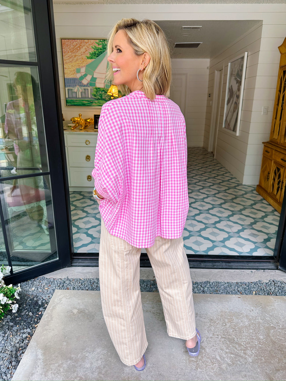 DARLING DONKEY GINGHAM TOP - PINK