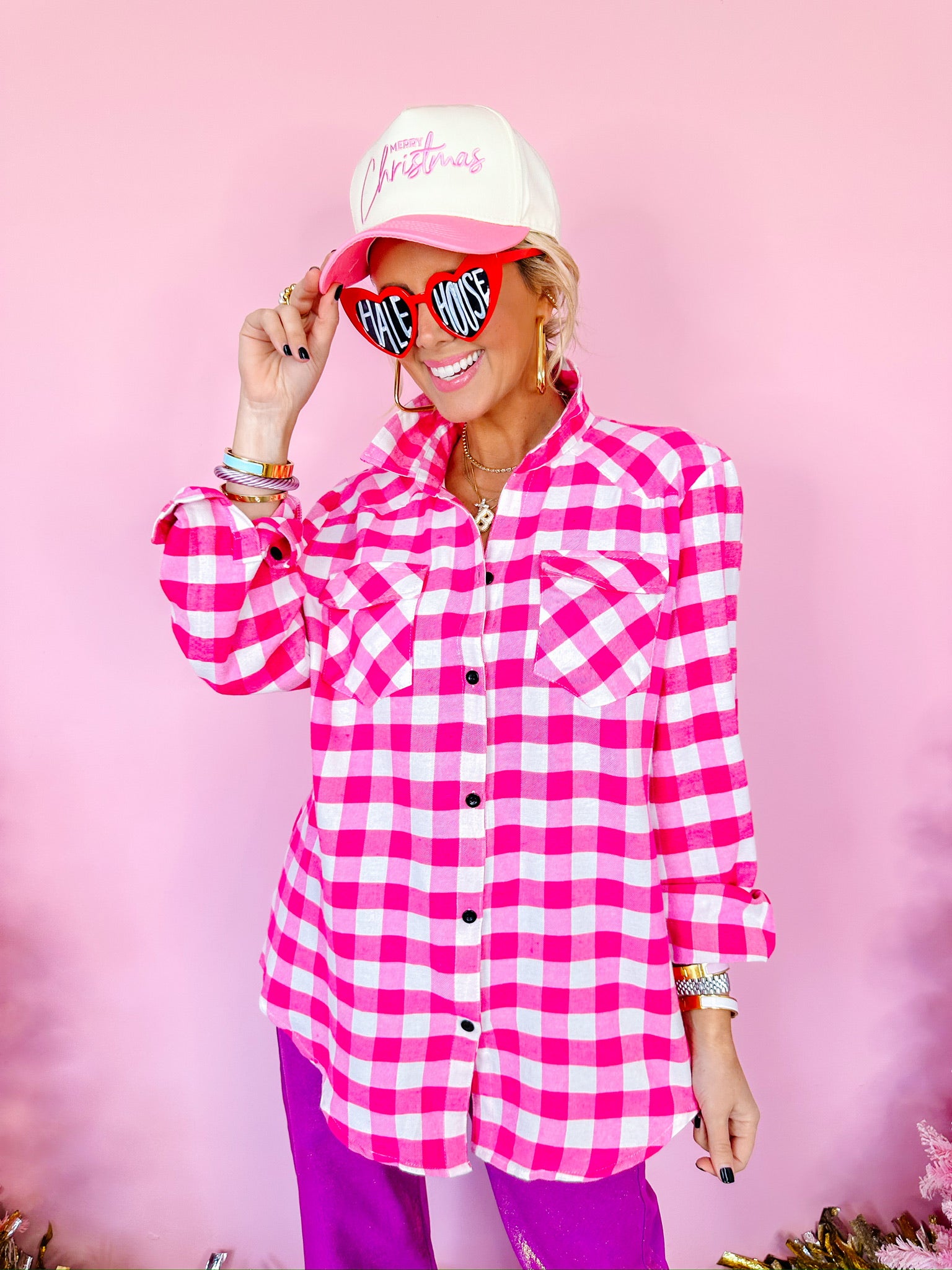 BUBBLEGUM SANTA FLANNEL BUTTON UP TOP - PINK