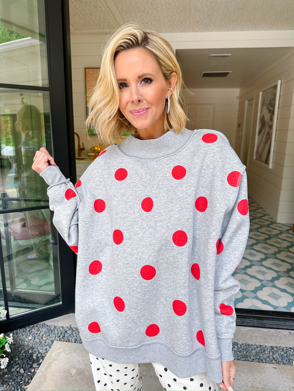 PLAY BALL POLKA DOT REVERSIBLE MOCK NECK SWEATSHIRT - GREY/RED