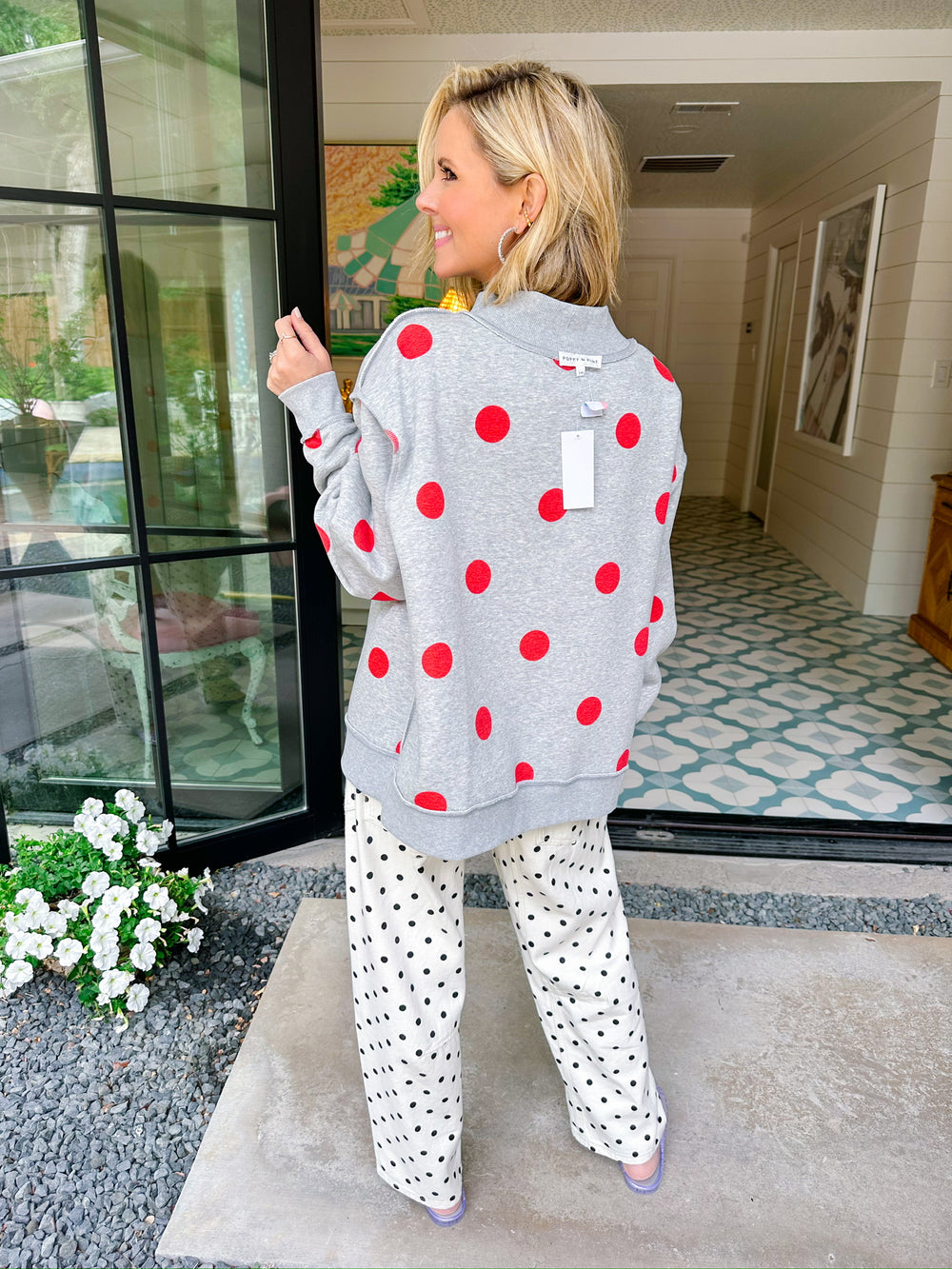 PLAY BALL POLKA DOT REVERSIBLE MOCK NECK SWEATSHIRT - GREY/RED