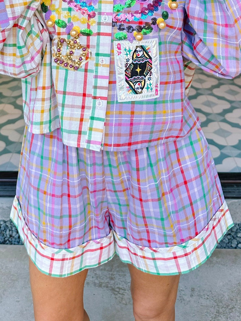 MARDI GRAS PLAID SHORTS