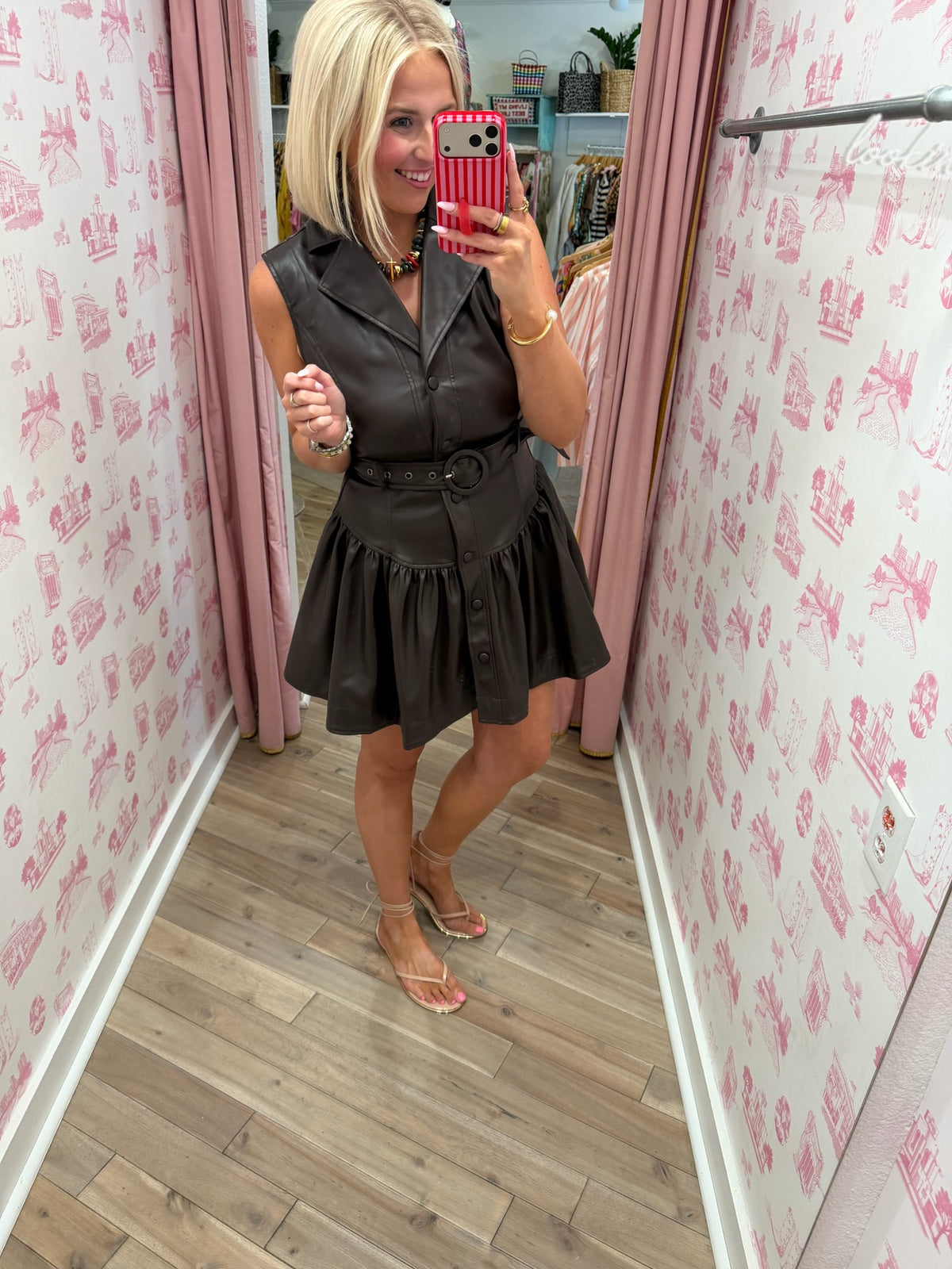 SET THE TONE FAUX LEATHER DROP WAIST DRESS - BROWN