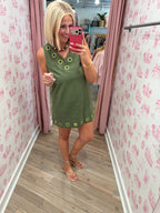 GIA GROMMET V NECK DRESS - GREEN
