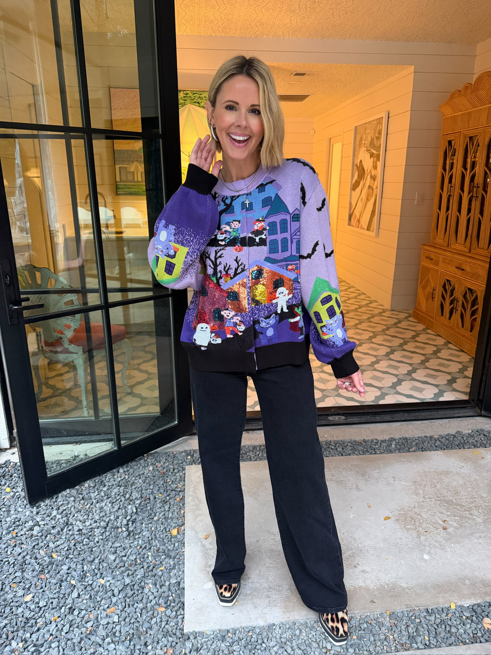 TRICK OR TREAT SCENE CARDIGAN - LAVENDER