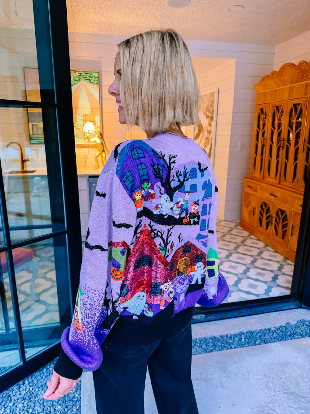TRICK OR TREAT SCENE CARDIGAN - LAVENDER