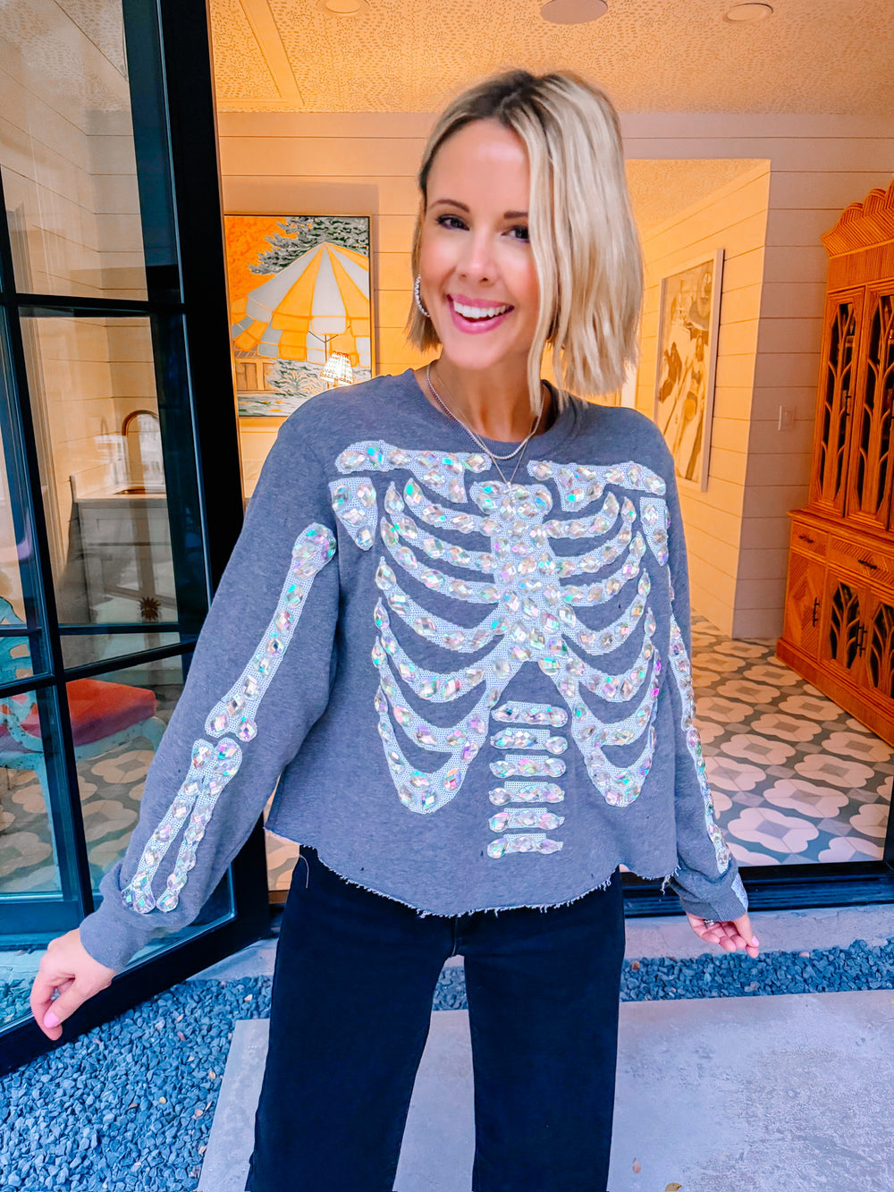 SKELETON JEWEL IRIDESCENT SWEATSHIRT - CHARCOAL