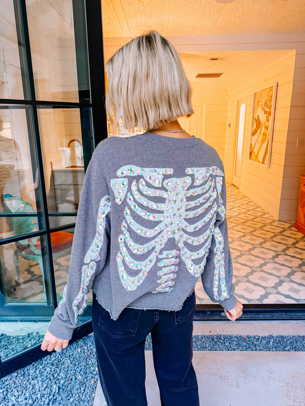 SKELETON JEWEL IRIDESCENT SWEATSHIRT - CHARCOAL