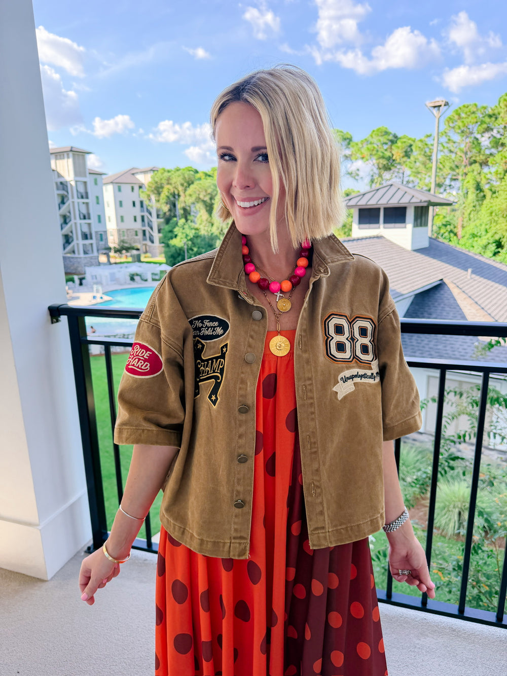 UNAPOLOGETICALLY ME DENIM PATCH TOP - BROWN