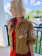 UNAPOLOGETICALLY ME DENIM PATCH TOP - BROWN