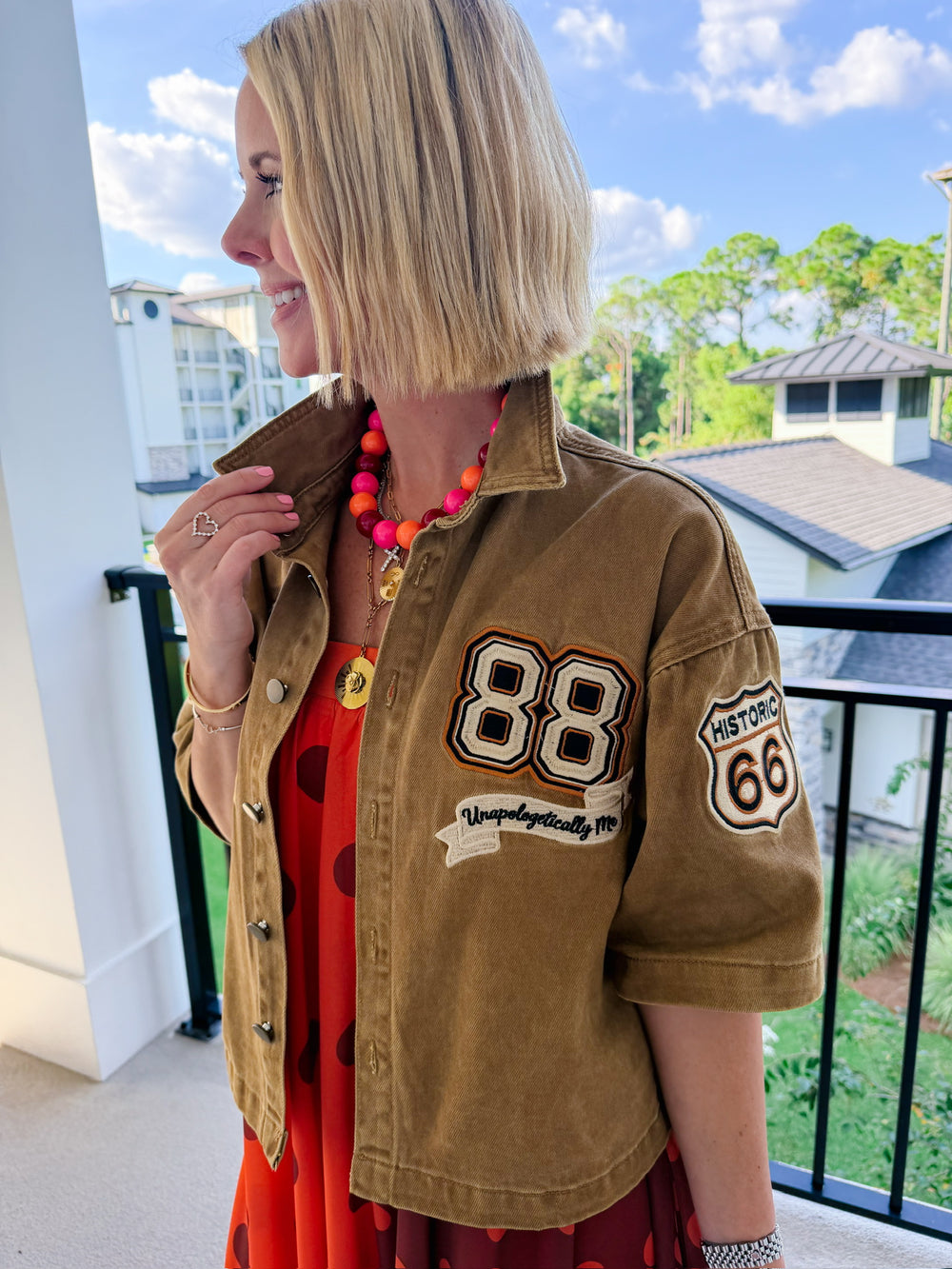 UNAPOLOGETICALLY ME DENIM PATCH TOP - BROWN