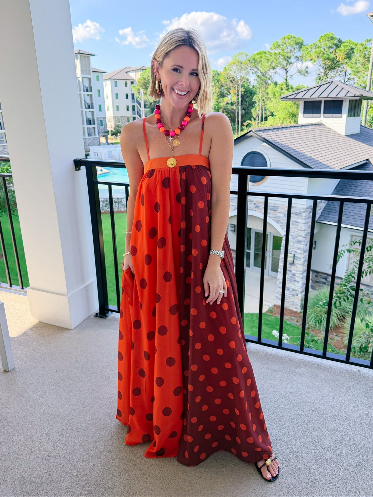 TWO SIDES TO EVERY STORY COLORBLOCK POLKA DOT MAXI DRESS - ORANGE