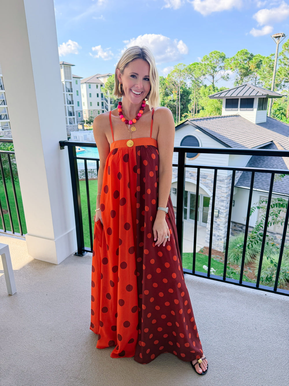 TWO SIDES TO EVERY STORY COLORBLOCK POLKA DOT MAXI DRESS - ORANGE