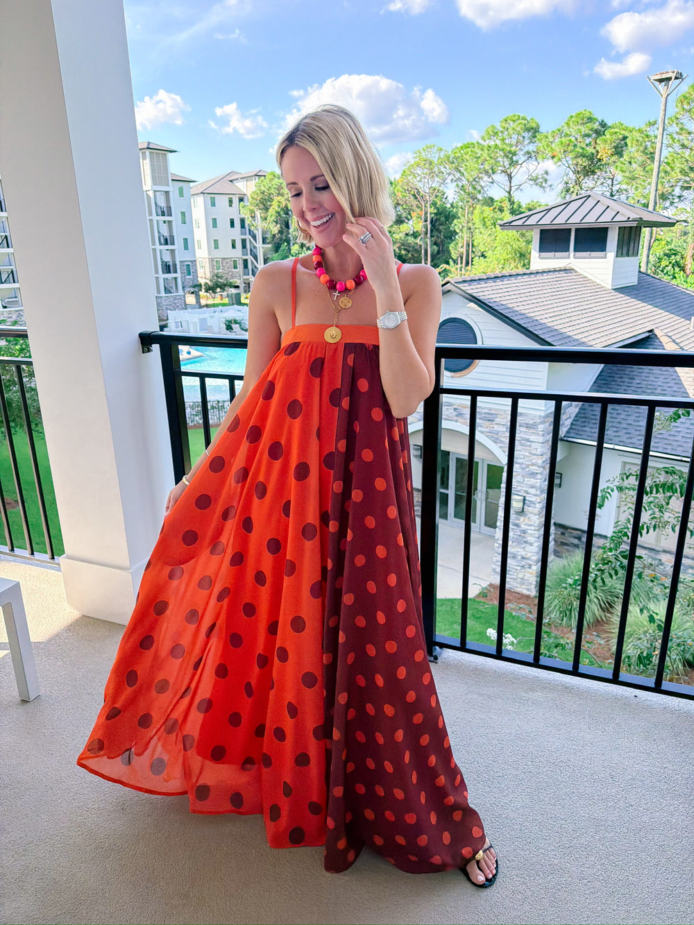 TWO SIDES TO EVERY STORY COLORBLOCK POLKA DOT MAXI DRESS - ORANGE