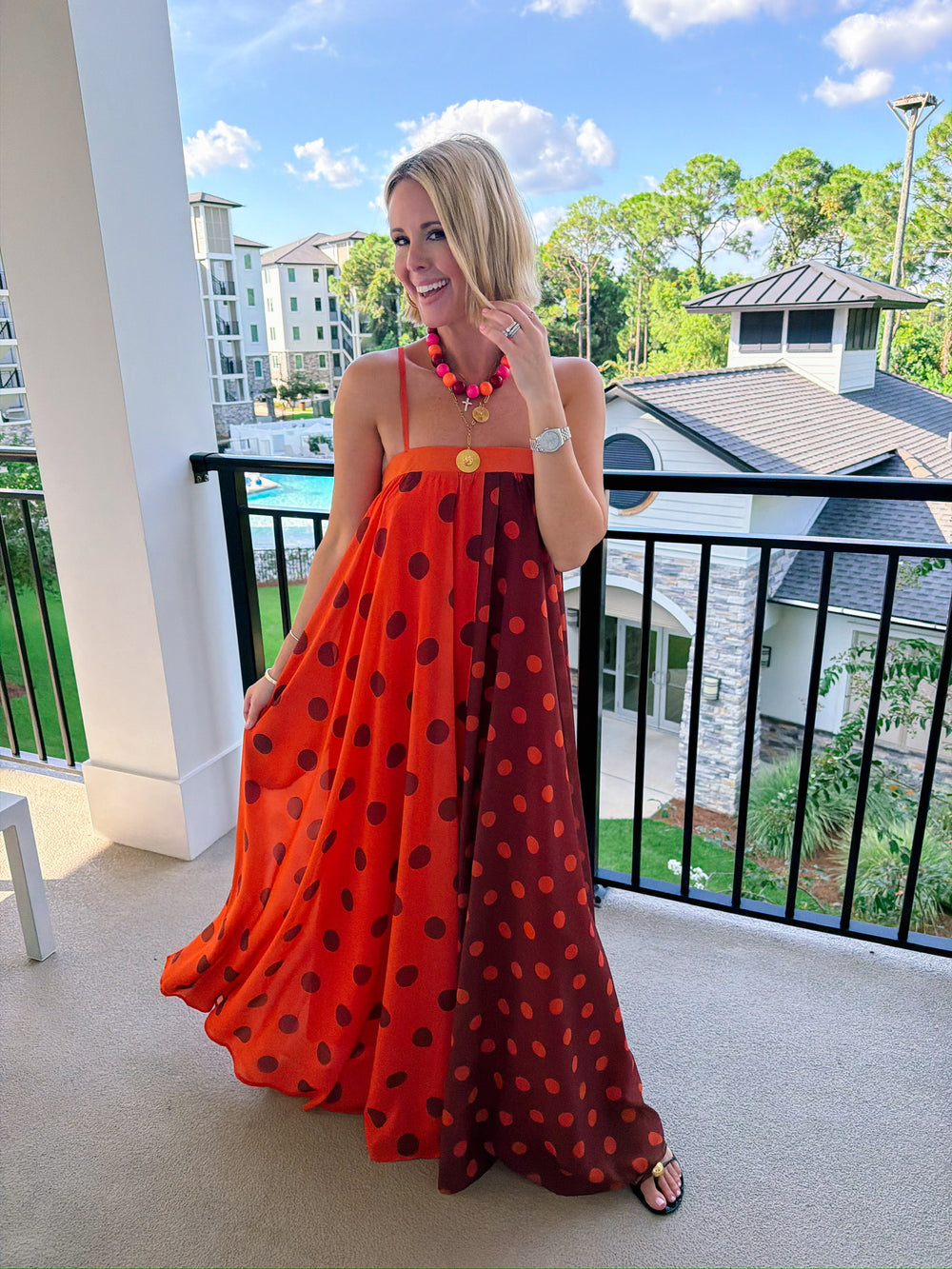 TWO SIDES TO EVERY STORY COLORBLOCK POLKA DOT MAXI DRESS - ORANGE