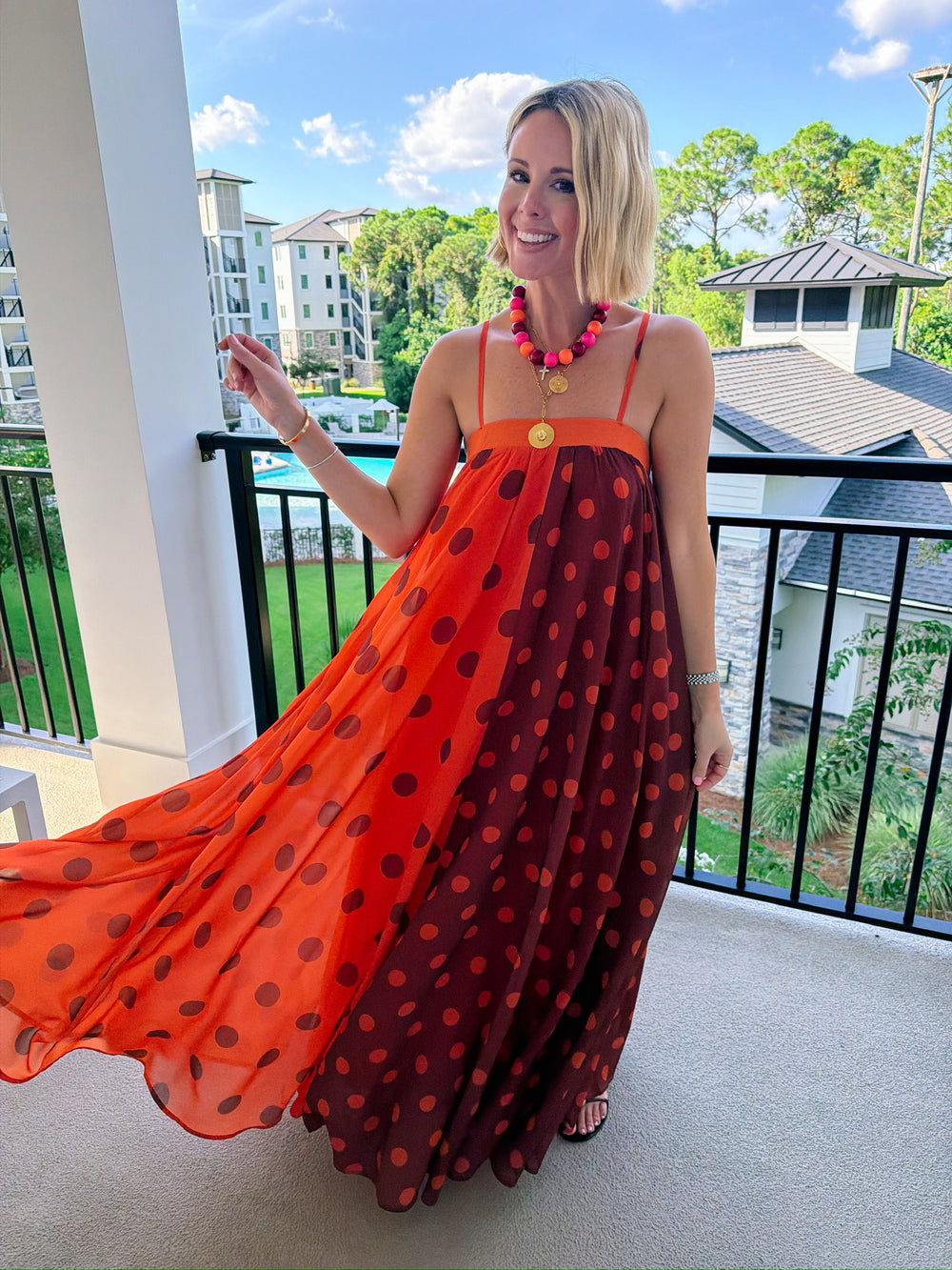 TWO SIDES TO EVERY STORY COLORBLOCK POLKA DOT MAXI DRESS - ORANGE
