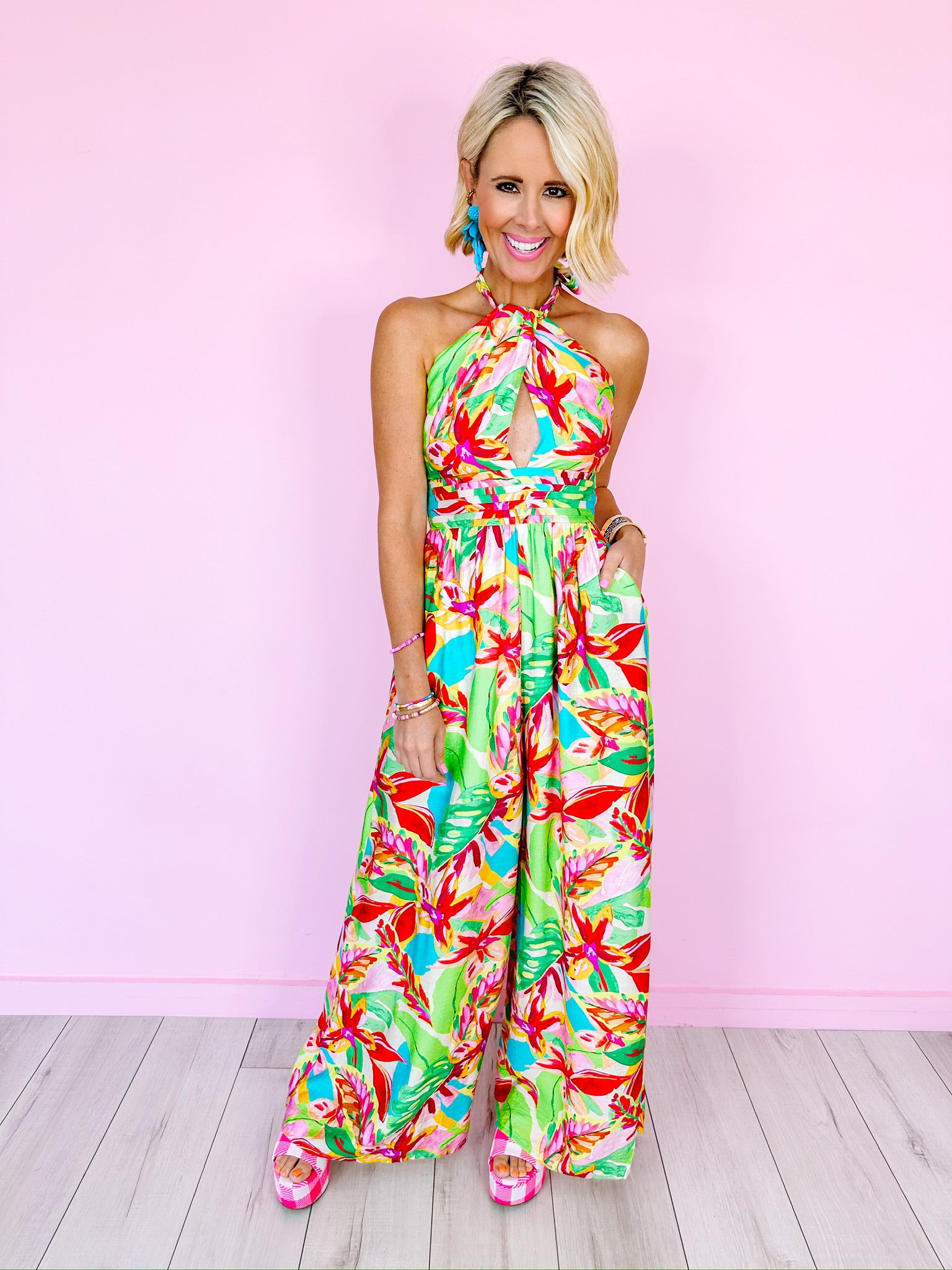 PALM LEAF CRAZE HALTER NECK JUMPSUIT