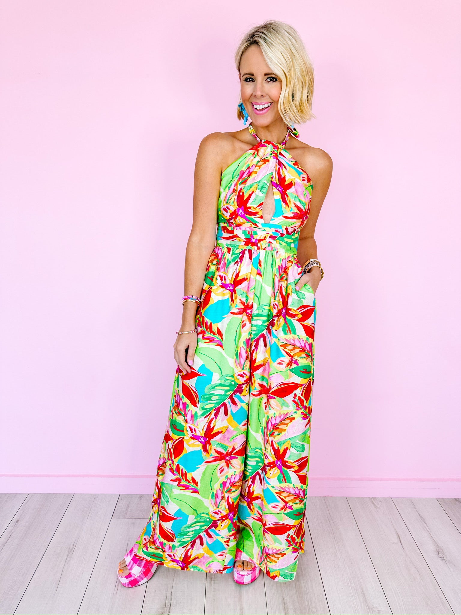 PALM LEAF CRAZE HALTER NECK JUMPSUIT