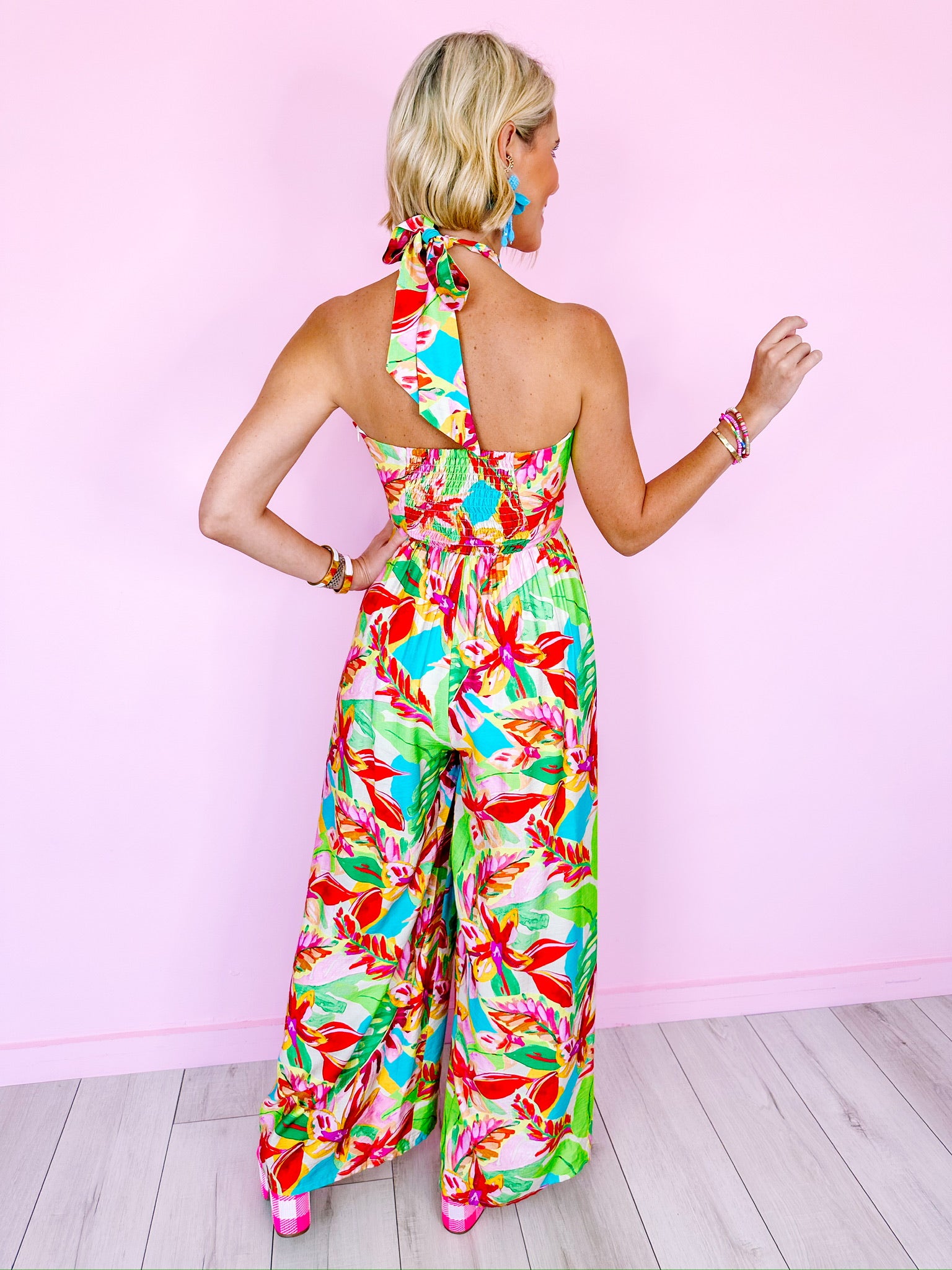 PALM LEAF CRAZE HALTER NECK JUMPSUIT