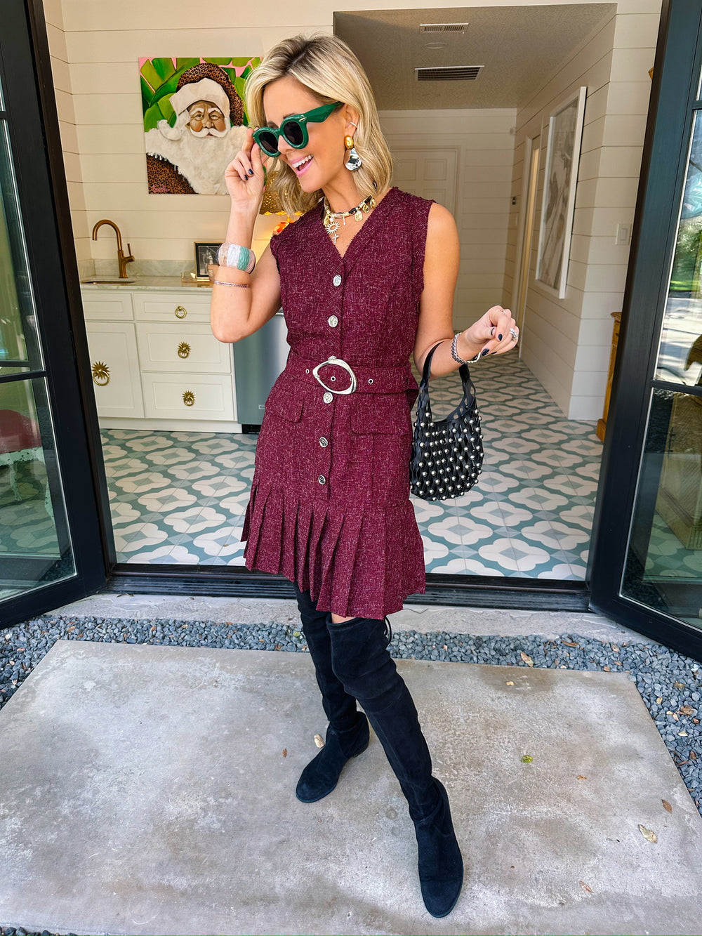 ALL EYES ON ME TWEED PLEATED DRESS - WINE