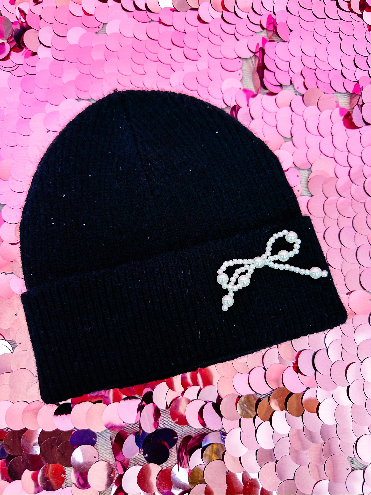 CUTESY PEARL BOW BEANIE - BLACK