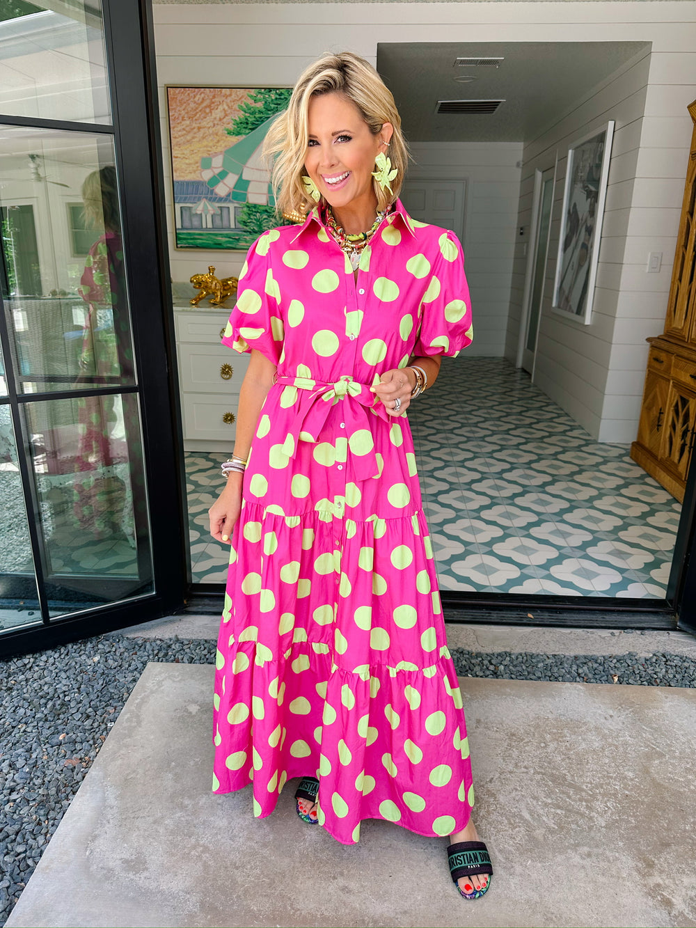 DANIELA POLKA DOT MIDI DRESS - HOT PINK/GREEN