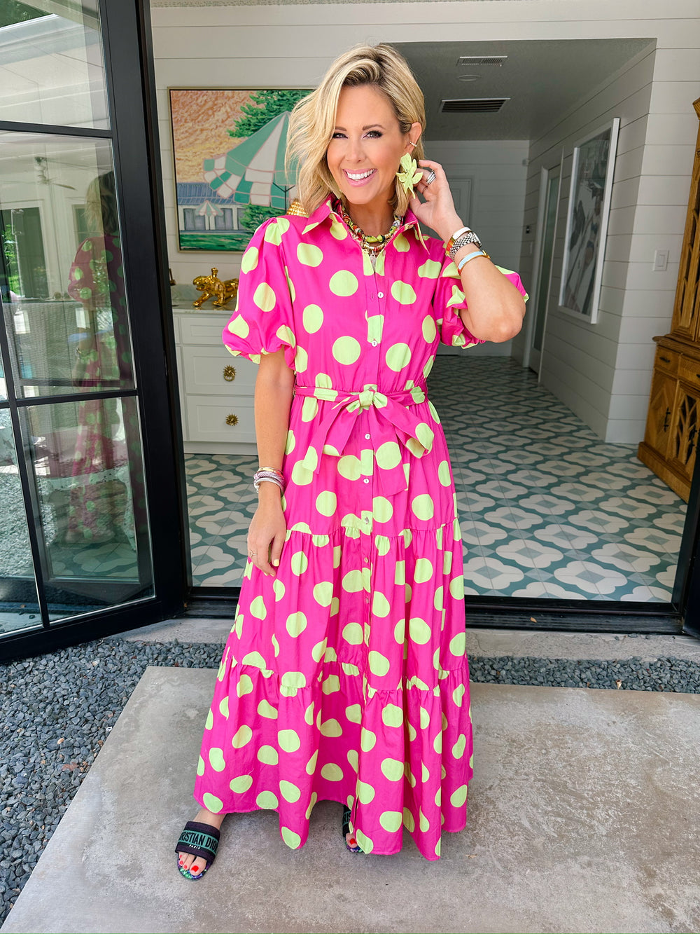 DANIELA POLKA DOT MIDI DRESS - HOT PINK/GREEN