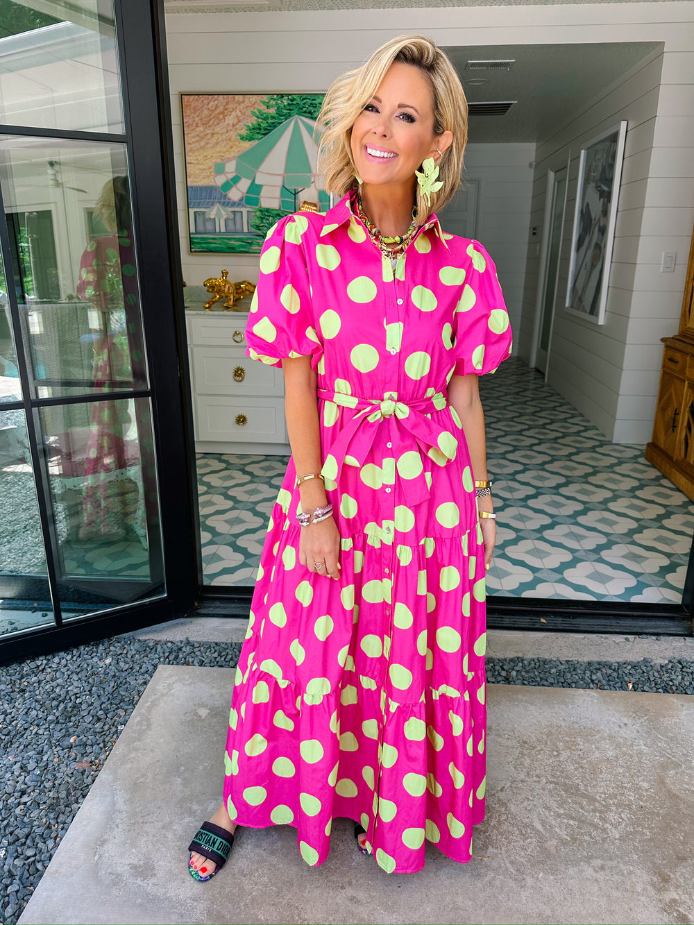 DANIELA POLKA DOT MIDI DRESS - HOT PINK/GREEN